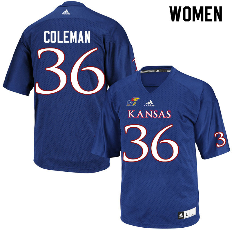 Women #36 Bryce Coleman Kansas Jayhawks College Football Jerseys Sale-Royal - Click Image to Close